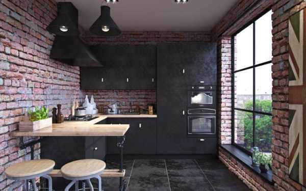 Черный пол на кухне в стиле лофт