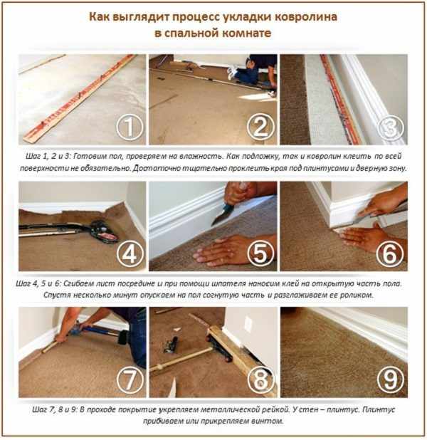 Этапы укладки ковролина в спальне