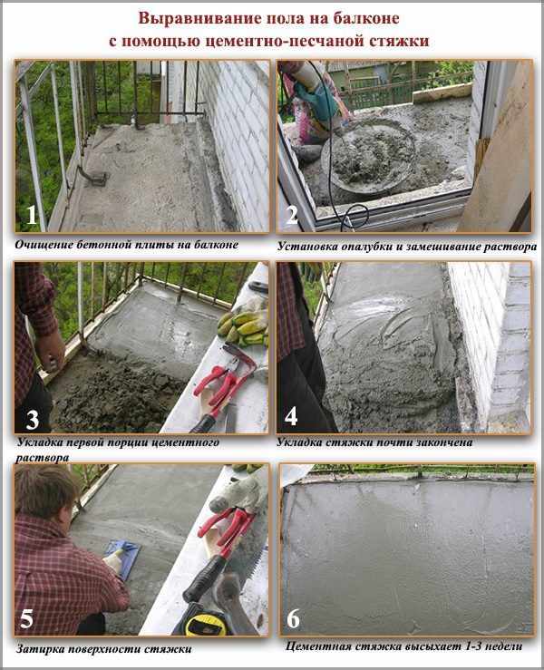 Выравнивание пола на балконе с помощью цементно-песчаной стяжки