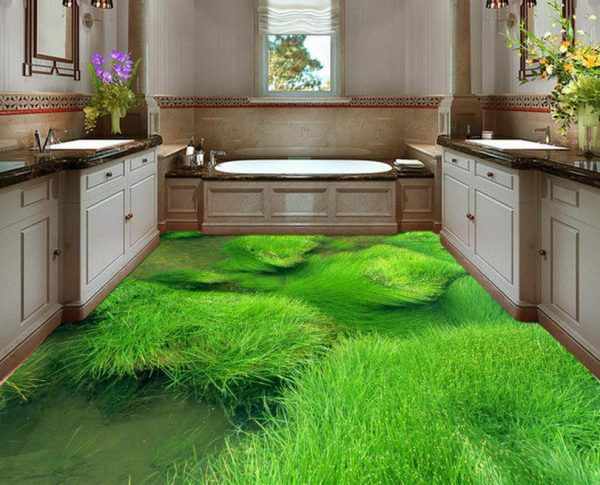 Зеленый 3Д наливной пол в ванной комнате
