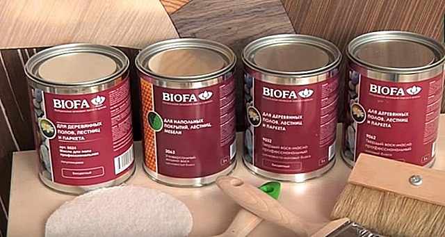 Продукция компании «BIOFA», которая будет использоваться в предлагаемом мастер-классе по покраске щита, имитирующего дощатое покрытие пола.