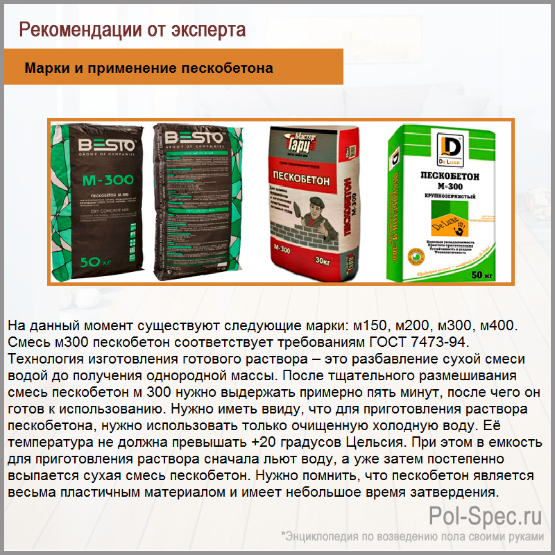 Марки и применение пескобетона