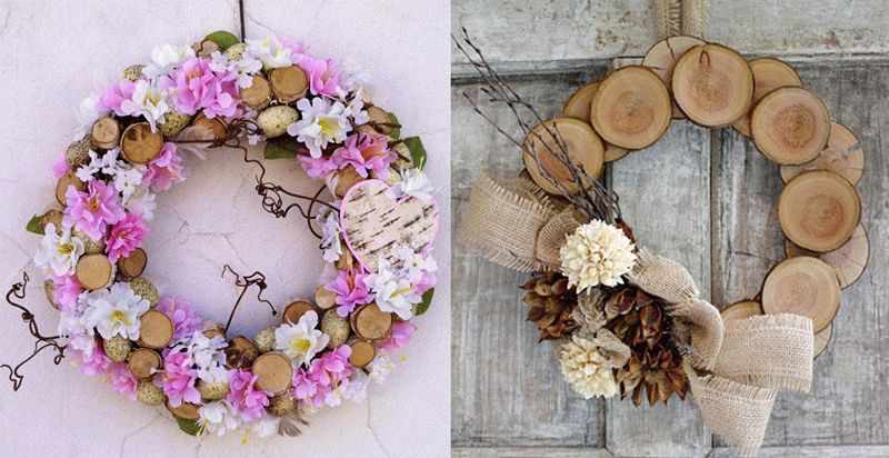 Венки из деревянных спилов и цветов